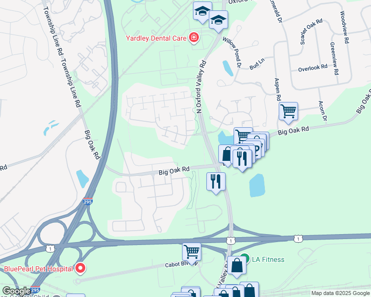 map of restaurants, bars, coffee shops, grocery stores, and more near 156 Tyler Way in Yardley