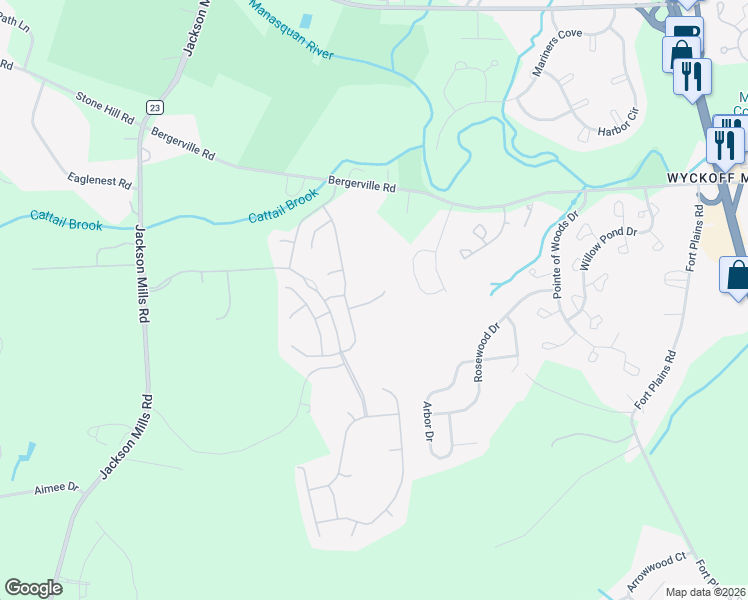 map of restaurants, bars, coffee shops, grocery stores, and more near 8 Caufield Court in Freehold