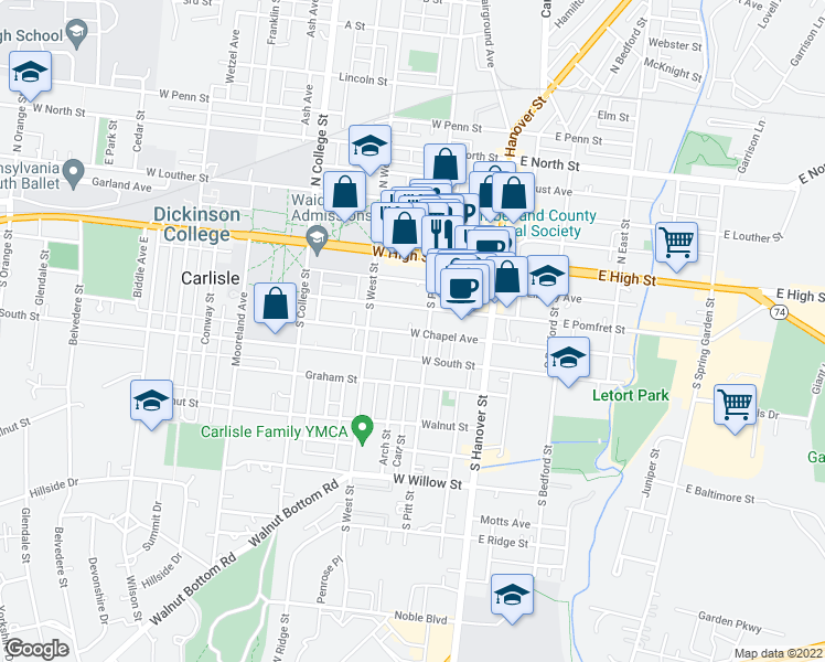 map of restaurants, bars, coffee shops, grocery stores, and more near 119 West Chapel Avenue in Carlisle