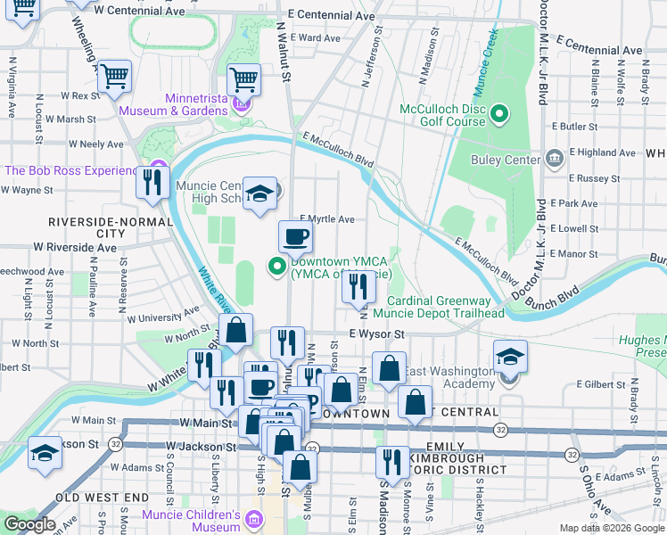 map of restaurants, bars, coffee shops, grocery stores, and more near 651 North Jefferson Street in Muncie