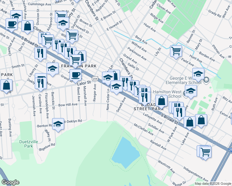 map of restaurants, bars, coffee shops, grocery stores, and more near 1733 South Broad Street in Hamilton Township