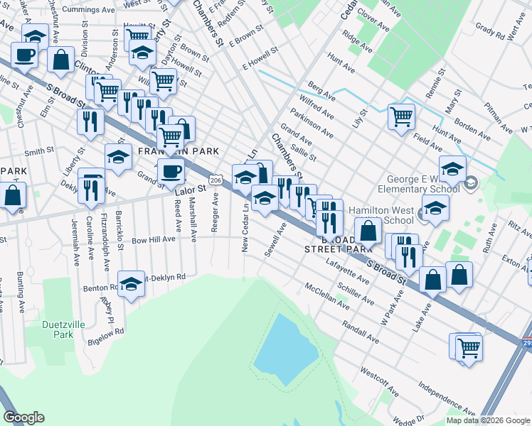 map of restaurants, bars, coffee shops, grocery stores, and more near 1733 South Broad Street in Hamilton Township