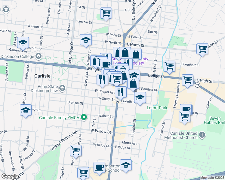 map of restaurants, bars, coffee shops, grocery stores, and more near 21 West Pomfret Street in Carlisle
