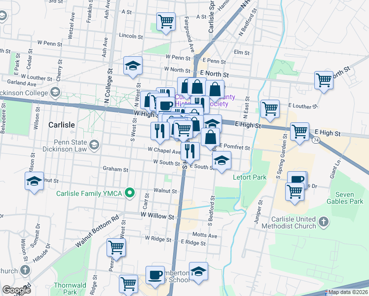 map of restaurants, bars, coffee shops, grocery stores, and more near 21 West Pomfret Street in Carlisle