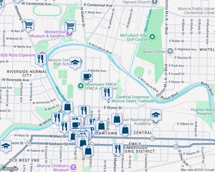 map of restaurants, bars, coffee shops, grocery stores, and more near 653 North Elm Street in Muncie