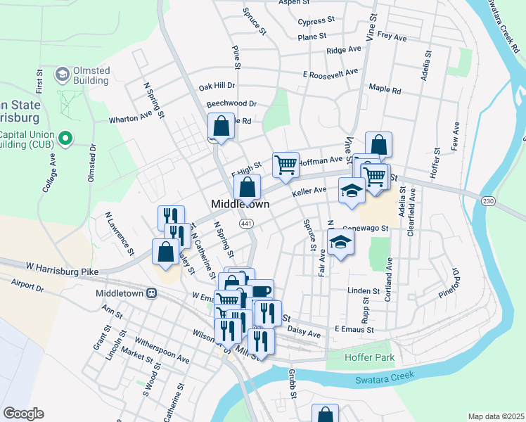 map of restaurants, bars, coffee shops, grocery stores, and more near 346 B North Pine Street in Middletown