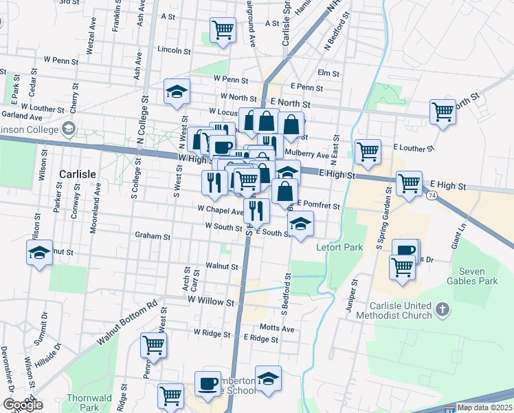map of restaurants, bars, coffee shops, grocery stores, and more near 29 East Pomfret Street in Carlisle