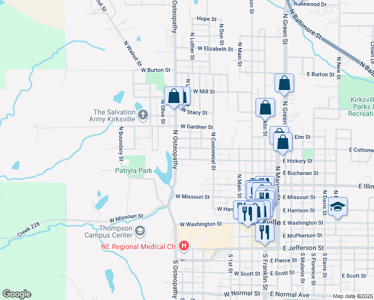 map of restaurants, bars, coffee shops, grocery stores, and more near 711 West Martha Street in Kirksville