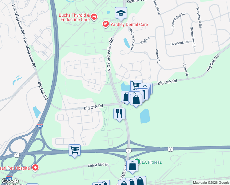 map of restaurants, bars, coffee shops, grocery stores, and more near 91 Oxford Valley Road in Yardley