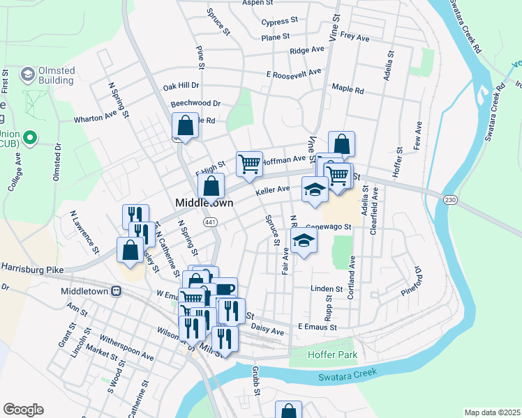map of restaurants, bars, coffee shops, grocery stores, and more near 162 East Water Street in Middletown