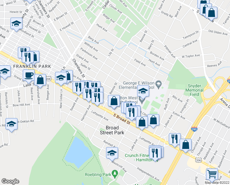 map of restaurants, bars, coffee shops, grocery stores, and more near 1311 William Street in Trenton