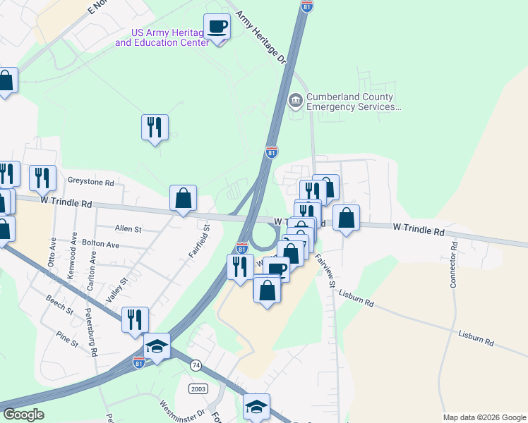 map of restaurants, bars, coffee shops, grocery stores, and more near 1205 West Trindle Road in Carlisle