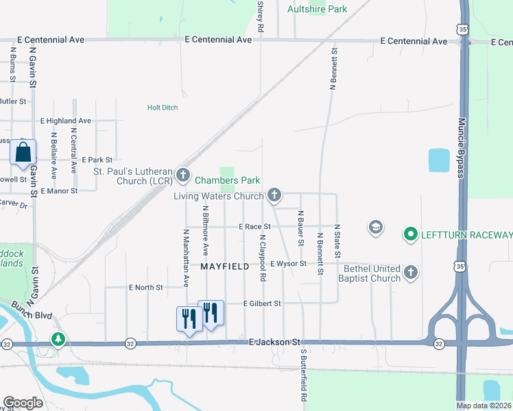 map of restaurants, bars, coffee shops, grocery stores, and more near 701-799 North Edgewood Drive in Muncie