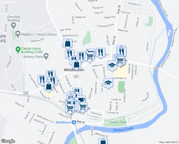 map of restaurants, bars, coffee shops, grocery stores, and more near 133 East Water Street in Middletown