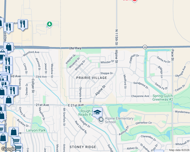 map of restaurants, bars, coffee shops, grocery stores, and more near 320 Homestead Parkway in Longmont