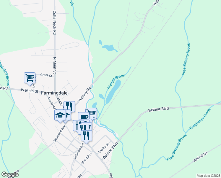map of restaurants, bars, coffee shops, grocery stores, and more near 51 Asbury Road in Farmingdale