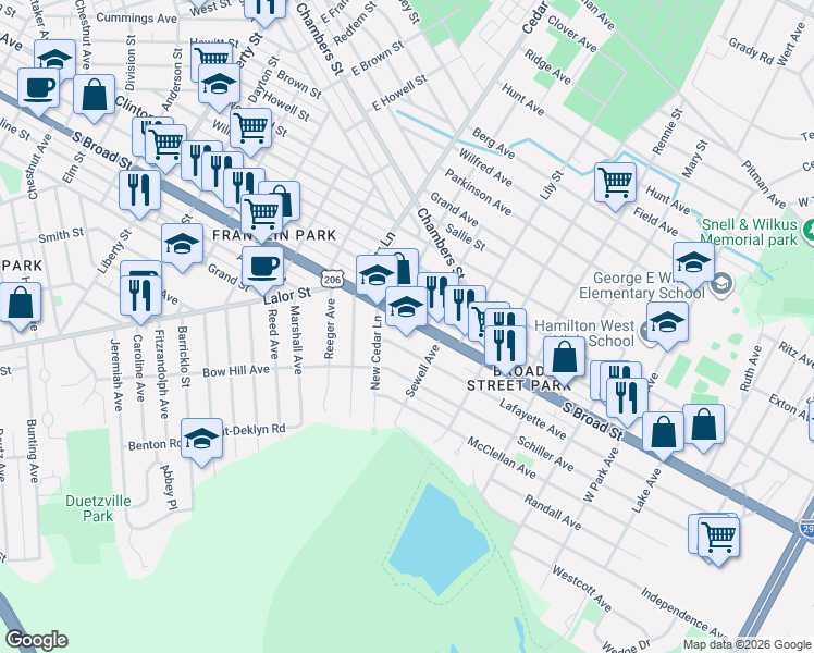 map of restaurants, bars, coffee shops, grocery stores, and more near 1733 South Broad Street in Hamilton Township