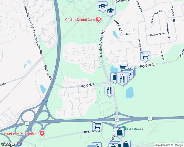 map of restaurants, bars, coffee shops, grocery stores, and more near 157 Tyler Way in Yardley