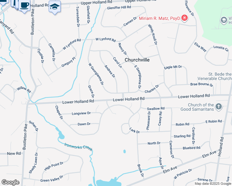 map of restaurants, bars, coffee shops, grocery stores, and more near 3 Andrea Drive in Richboro