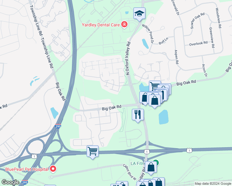 map of restaurants, bars, coffee shops, grocery stores, and more near 157 Tyler Way in Yardley