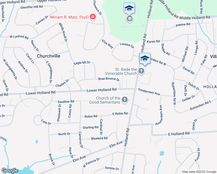 map of restaurants, bars, coffee shops, grocery stores, and more near 539 Lower Holland Road in Richboro