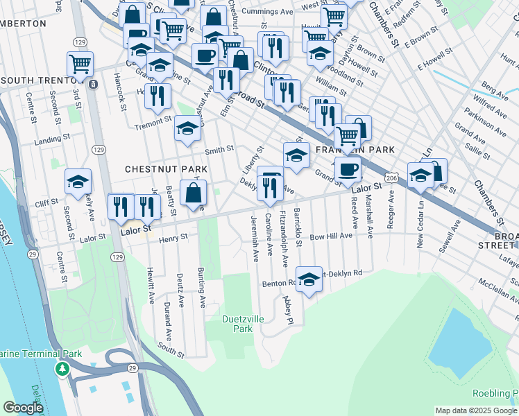 map of restaurants, bars, coffee shops, grocery stores, and more near Lalor Street & Dresden Avenue in Trenton