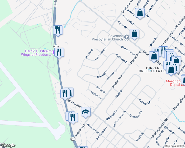 map of restaurants, bars, coffee shops, grocery stores, and more near 48 Maurice Lane in Hatboro