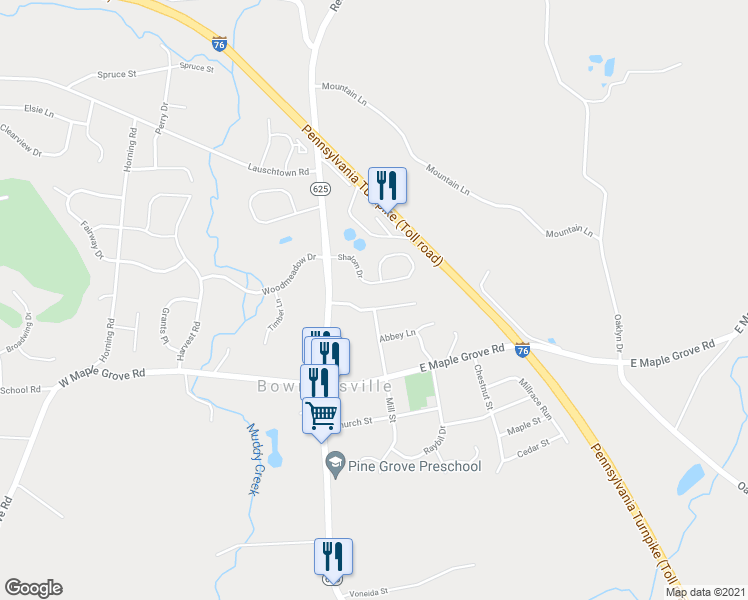 map of restaurants, bars, coffee shops, grocery stores, and more near 123 Olde School Lane in Narvon