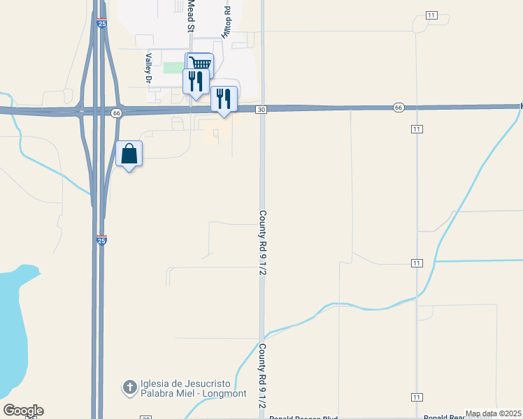 map of restaurants, bars, coffee shops, grocery stores, and more near County Road 9 1/2 in Longmont