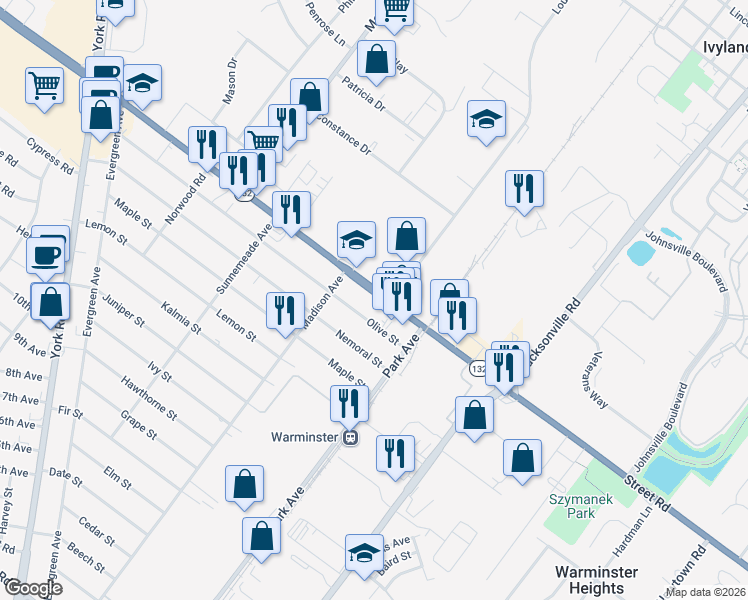 map of restaurants, bars, coffee shops, grocery stores, and more near 250 West Street Road in Warminster