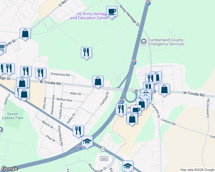 map of restaurants, bars, coffee shops, grocery stores, and more near 1940 West Trindle Road in Carlisle