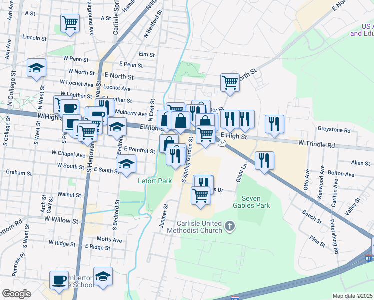 map of restaurants, bars, coffee shops, grocery stores, and more near 32 South Spring Garden Street in Carlisle