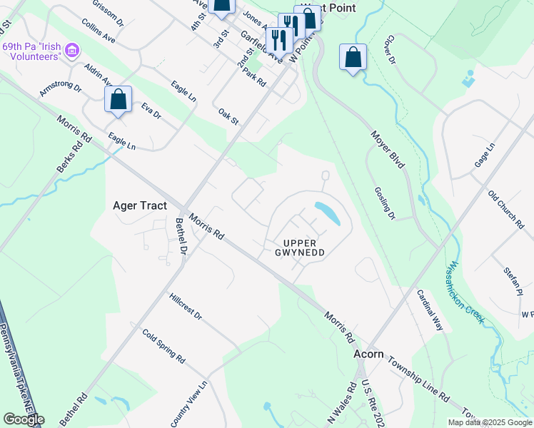 map of restaurants, bars, coffee shops, grocery stores, and more near 451 Primrose Drive in West Point