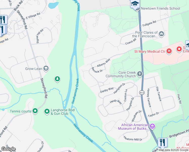 map of restaurants, bars, coffee shops, grocery stores, and more near 248 Bernick Drive in Langhorne