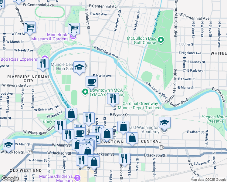 map of restaurants, bars, coffee shops, grocery stores, and more near 705 North Elm Street in Muncie