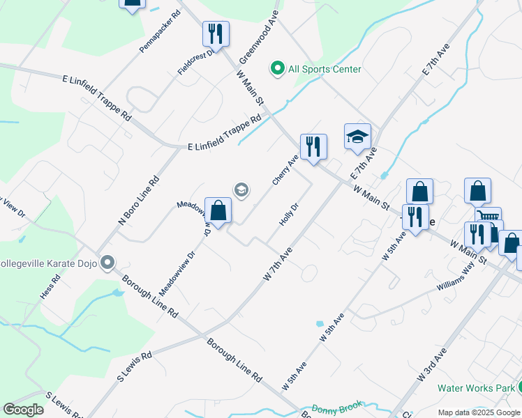 map of restaurants, bars, coffee shops, grocery stores, and more near 94 Cherry Avenue in Collegeville