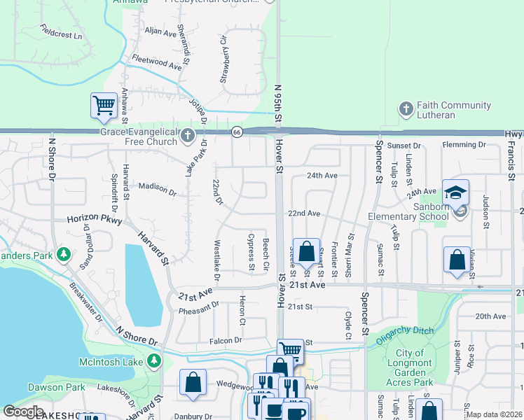 map of restaurants, bars, coffee shops, grocery stores, and more near 2421 Mapleton Circle in Longmont