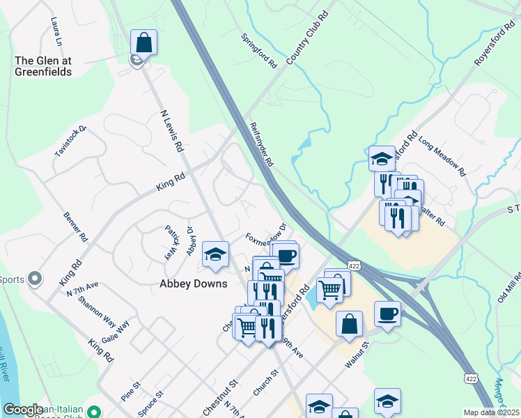 map of restaurants, bars, coffee shops, grocery stores, and more near 1104 Foxmeadow Drive in Royersford