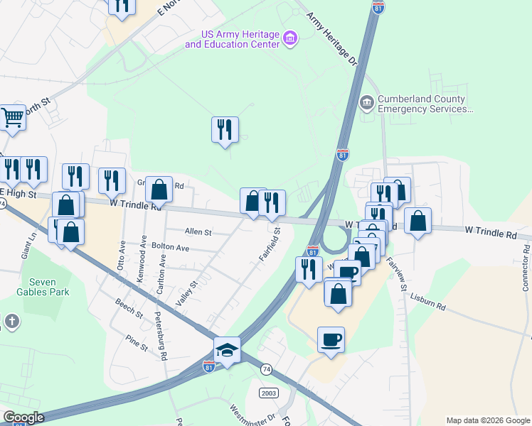 map of restaurants, bars, coffee shops, grocery stores, and more near 1940 West Trindle Road in Carlisle