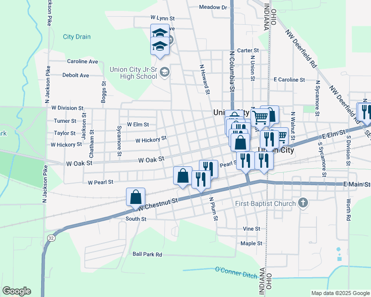 map of restaurants, bars, coffee shops, grocery stores, and more near 310 North Walnut Street in Union City