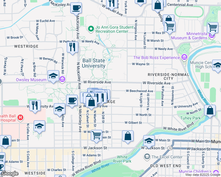 map of restaurants, bars, coffee shops, grocery stores, and more near 1515 West Riverside Avenue in Muncie