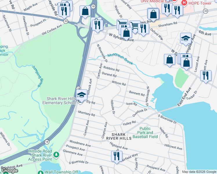 map of restaurants, bars, coffee shops, grocery stores, and more near 1 May Place in Neptune City