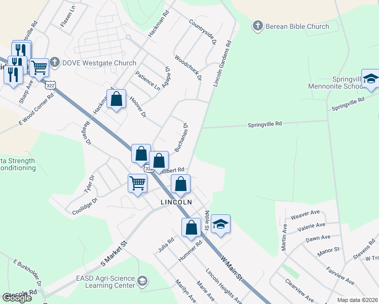 map of restaurants, bars, coffee shops, grocery stores, and more near 1632 Apple Street in Ephrata