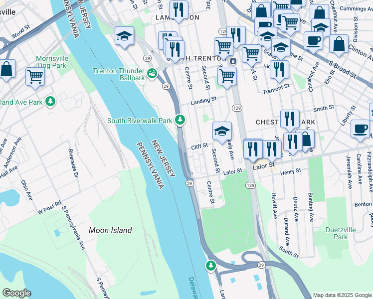 map of restaurants, bars, coffee shops, grocery stores, and more near Lamberton Street & Cliff Street in Trenton