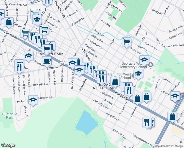 map of restaurants, bars, coffee shops, grocery stores, and more near 2265 South Clinton Avenue in Hamilton Township