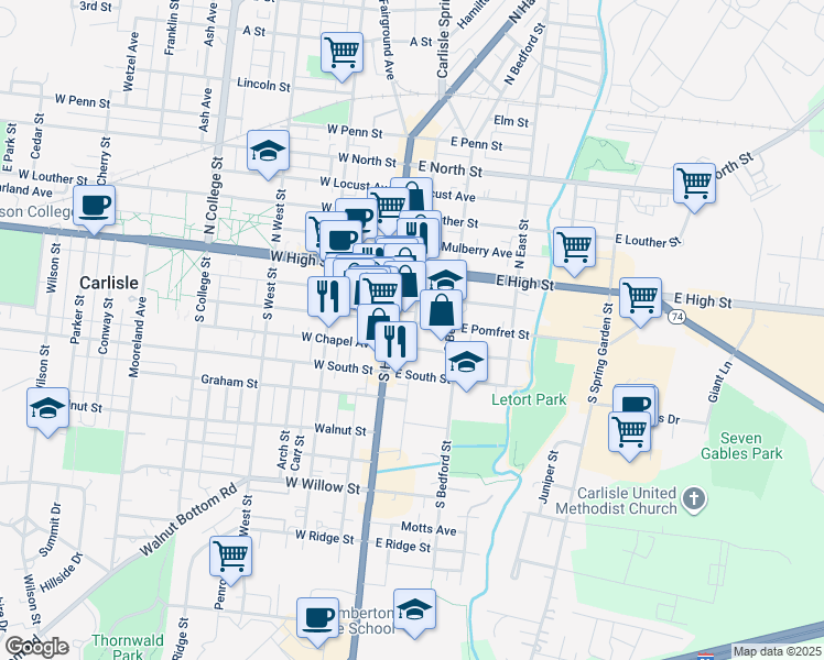 map of restaurants, bars, coffee shops, grocery stores, and more near 28 East Pomfret Street in Carlisle