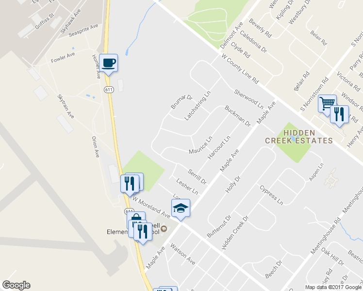 map of restaurants, bars, coffee shops, grocery stores, and more near 48 Maurice Lane in Hatboro