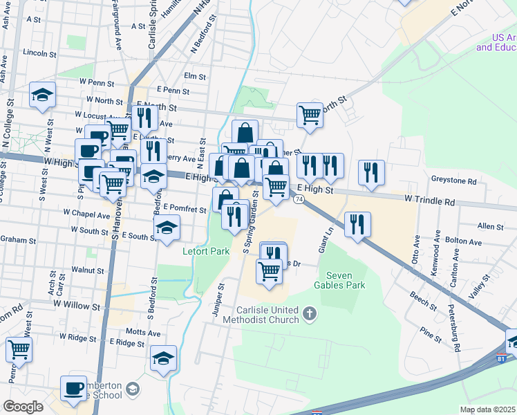 map of restaurants, bars, coffee shops, grocery stores, and more near 22a South Spring Garden Street in Carlisle