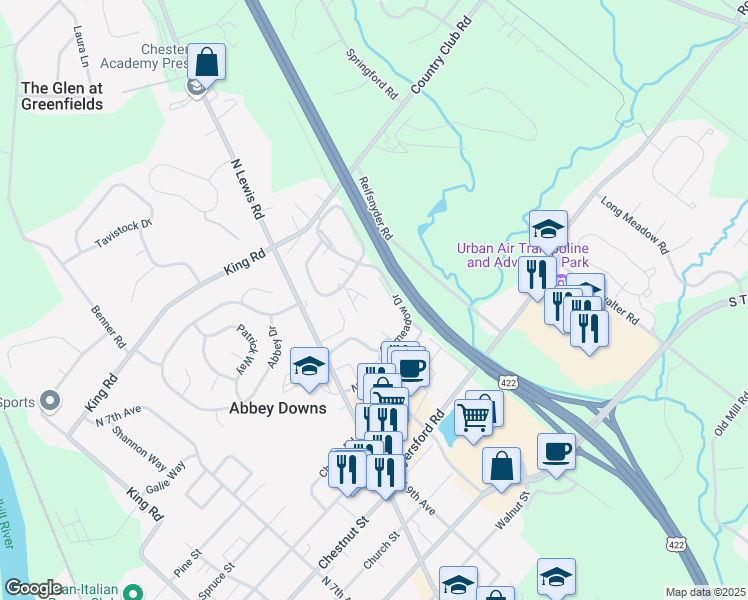 map of restaurants, bars, coffee shops, grocery stores, and more near 1008 Foxmeadow Drive in Royersford