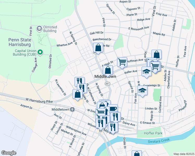 map of restaurants, bars, coffee shops, grocery stores, and more near 43 West Main Street in Middletown